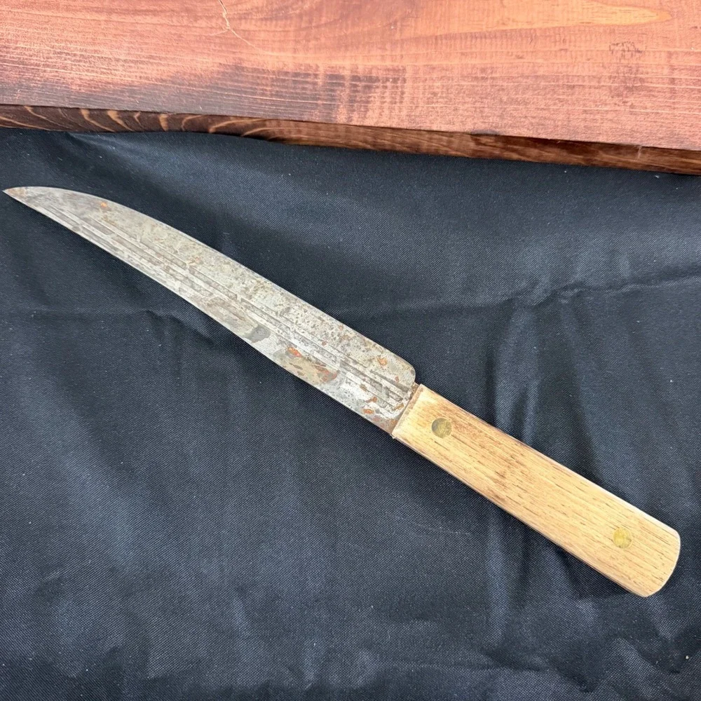 Old Hickory Tru-Edge Butcher Knife Carbon Steel Wood Handle Made in USA Vintage